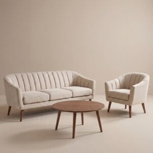 AL-NAS LIVING 4-Seater Channel Tufted Sofa Set | Beige Fabric Accent Chair & Walnut Coffee Table | Mid-Century Modern Living Room Furniture