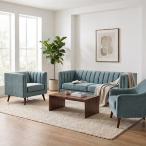 Mid-Century Modern Velvet Sofa Set | 3-Seater Sofa + 2 Accent Chairs