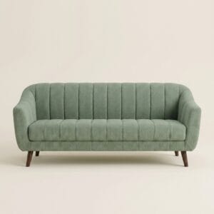 Sage Green Channel Tufted 3-Seater Sofa | Mid-Century Modern Fabric Sofa with Walnut Wood Legs